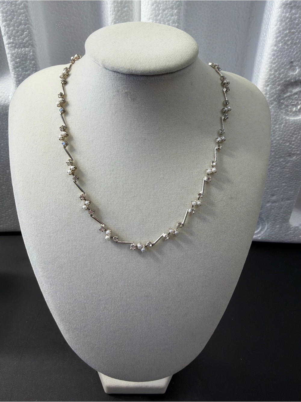 Monet Silver Tone Station Cable Chain Rhinestone Imitation Pearl Necklace Signed
